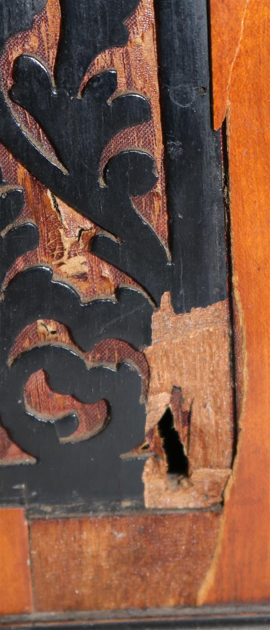 An early Victorian ebony and satinwood mantel timepiece, 13.5in.